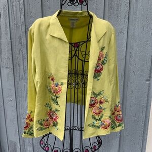 Coldwater Creek Silk and Linen Embroidered Blazer (Size L) Lime Green